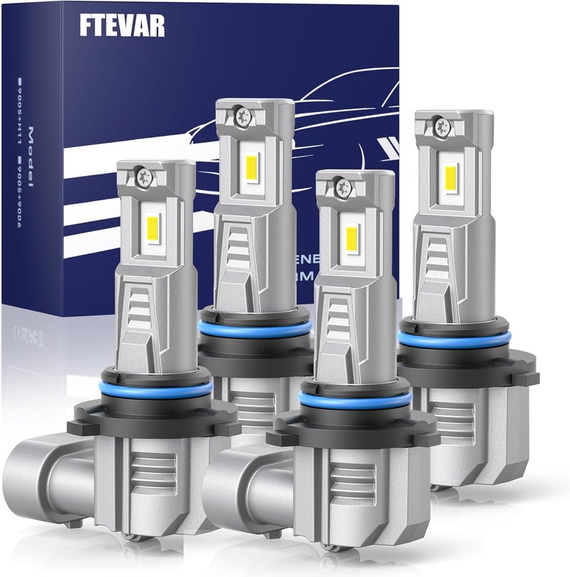 FTEVAR 9005 9006 Combo Bulbs, 9005/HB3 High 9006/HB4 Low Beam Bulbs Fog Light, 60000LM 800% Super Bright 6500K, Fanless Mini Size, Pack of 4 - Image 1